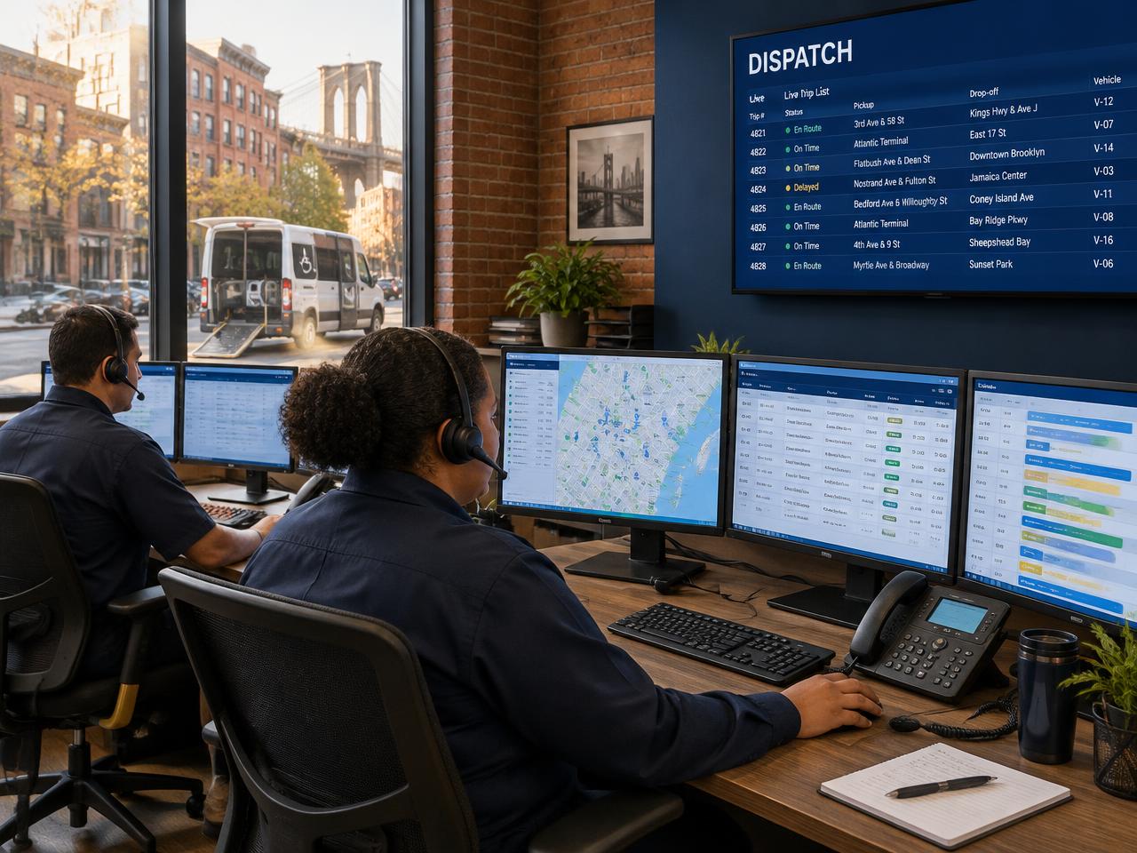 Dispatch office with dispatchers planning medical transportation trips